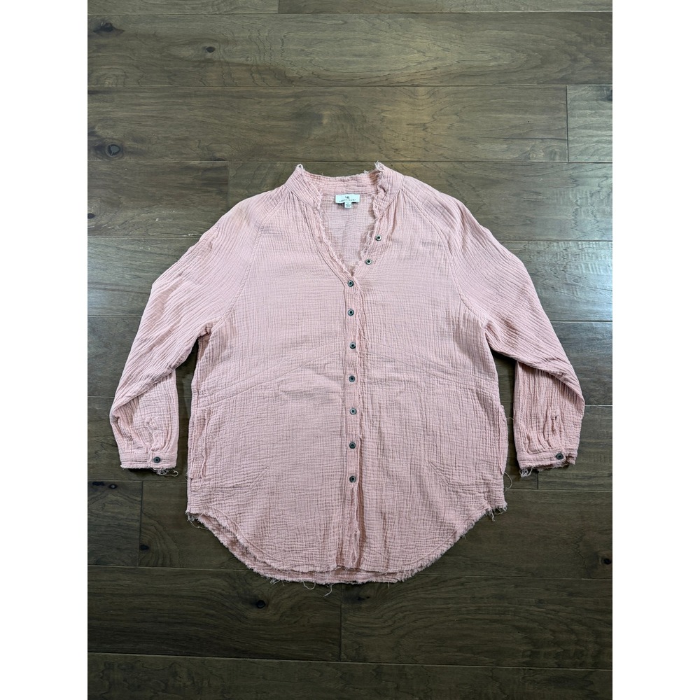 Urban Daizy Pink Double Gauze Cotton Button Down‎ Pockets Raw Hem Top TD0146T L